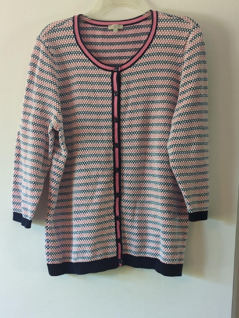Talbots Plus Pink and Navy Striped Knit Cardigan